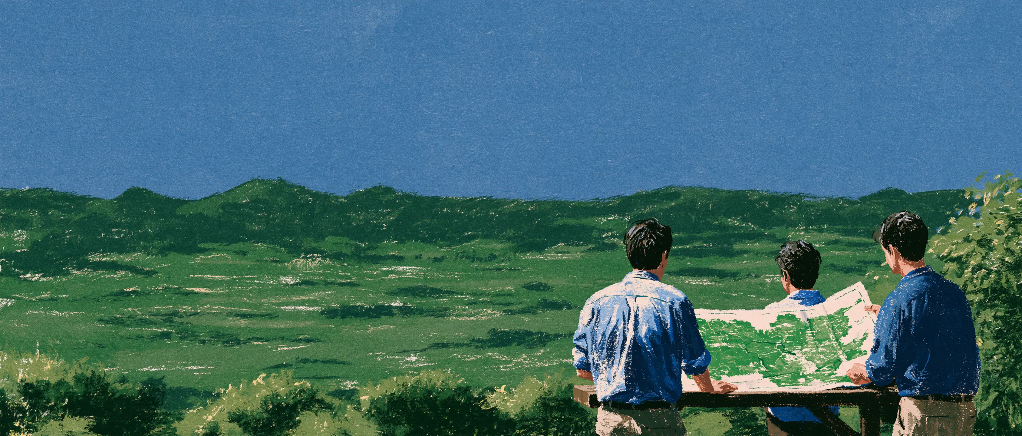 Ilustración editorial de tres figuras que consultan un mapa frente a un territorio verde bajo un cielo azul.